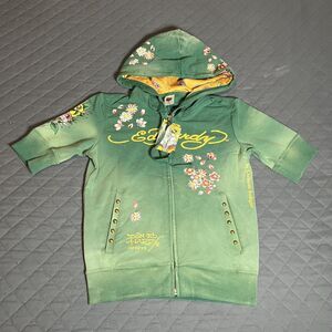 Ed Hardy Christian Audigier Hoodie Love Dies Hard Skull Roses Green XS NWT